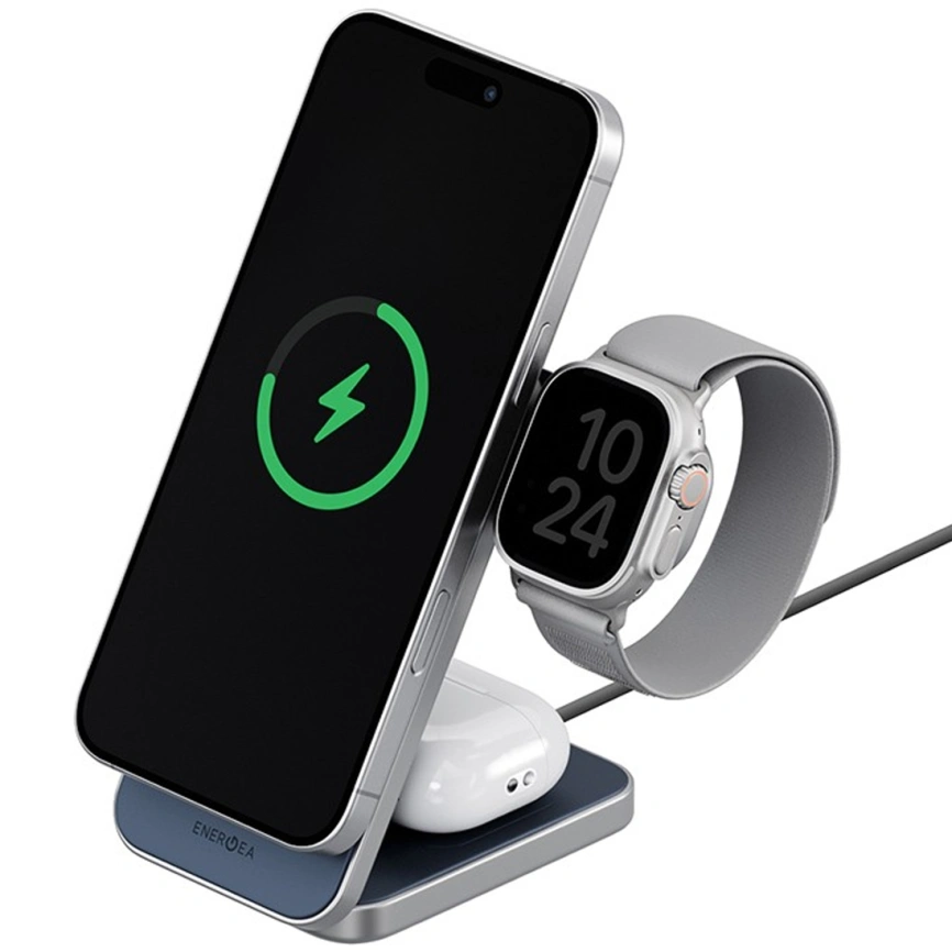 Беспроводное зарядное устройство EnergEA MagTrio Plus 3-in-1 Qi2 MagSafe Dark blue фото 6