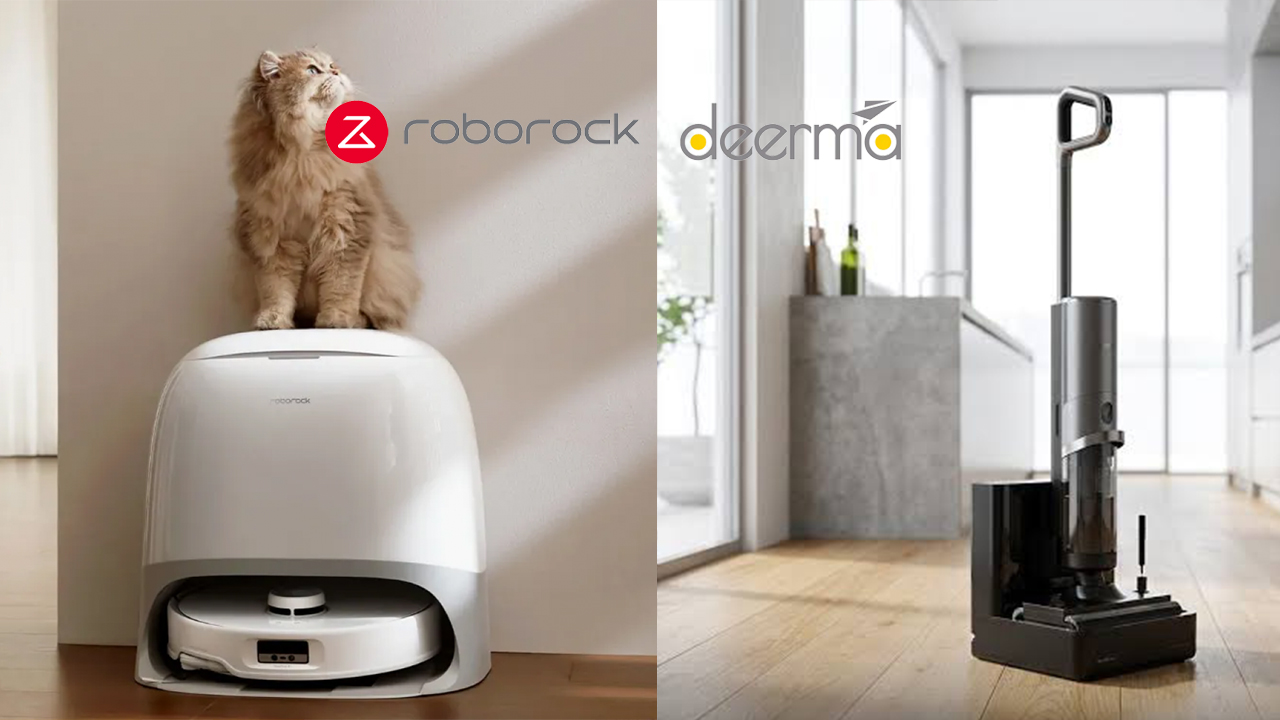 Робот-пылесос Roborock и вертикальный пылесос Deerma рядом на полу